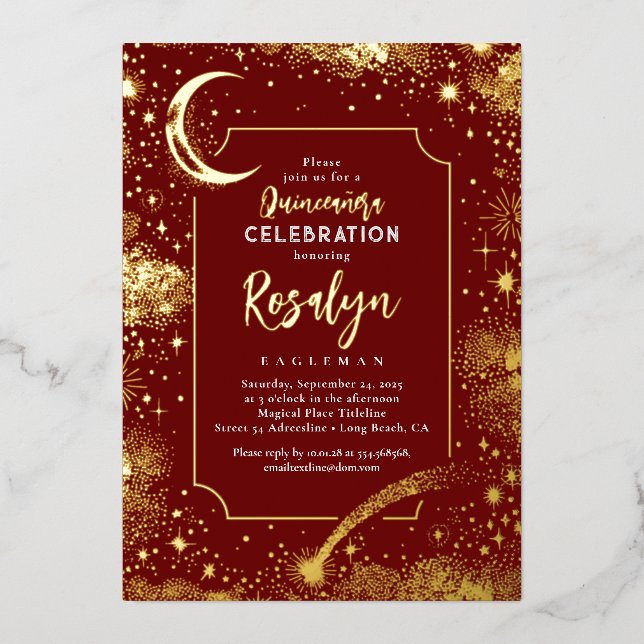 Celestial Gold Stars and Moon Night Quinceanera  Foil Invitation (Front)