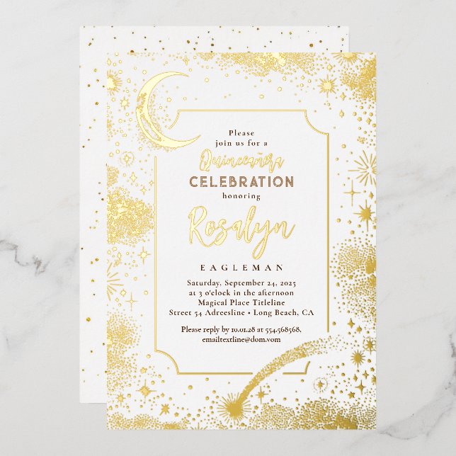 Celestial Gold Stars and Moon Night Quinceanera  Foil Invitation (Front/Back)