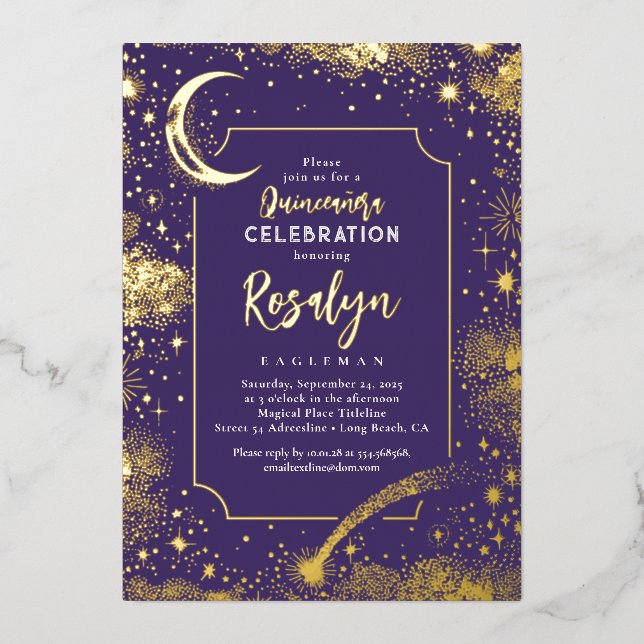 Celestial Gold Stars and Moon Night Quinceanera  Foil Invitation (Front)