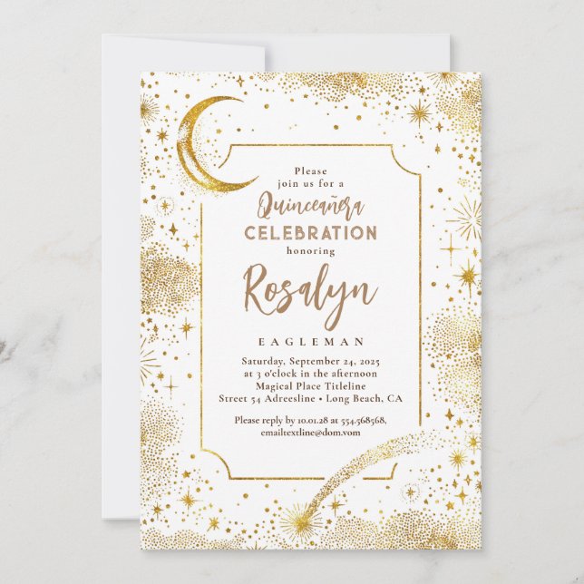 Celestial Gold Stars and Moon Night Quinceanera  Invitation (Front)