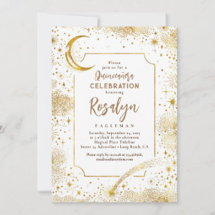 Celestial Gold Stars and Moon Night Quinceanera Invitation