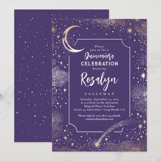 Celestial Gold Stars and Moon Night Quinceanera  Invitation (Front/Back)