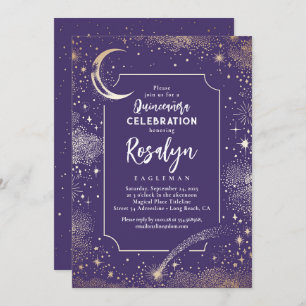 Celestial Gold Stars and Moon Night Quinceanera Invitation