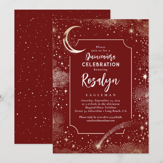 Celestial Gold Stars and Moon Night Quinceanera  Invitation (Front/Back)
