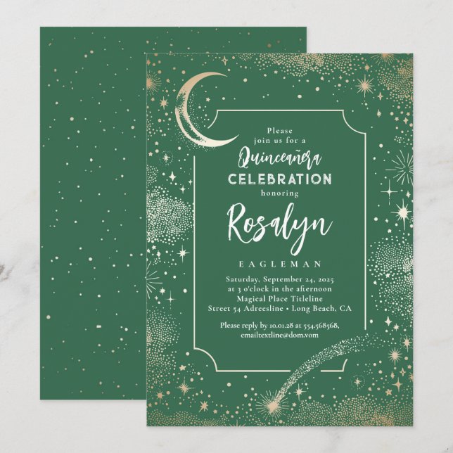 Celestial Gold Stars and Moon Night Quinceanera  Invitation (Front/Back)