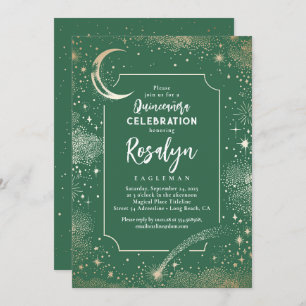 Celestial Gold Stars and Moon Night Quinceanera  Invitation