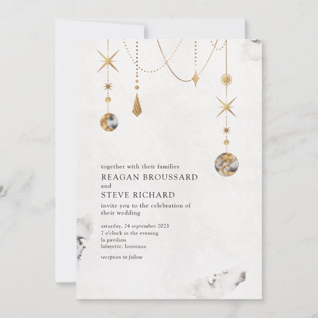  Celestial Gold Stars and Moon Wedding Invitation (Front)