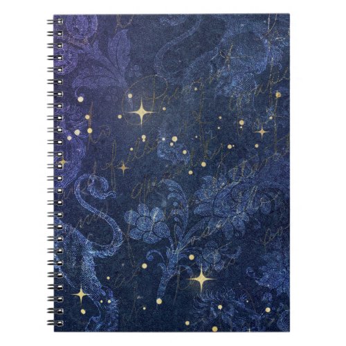 Celestial gold stars blue floral faded gold text notebook