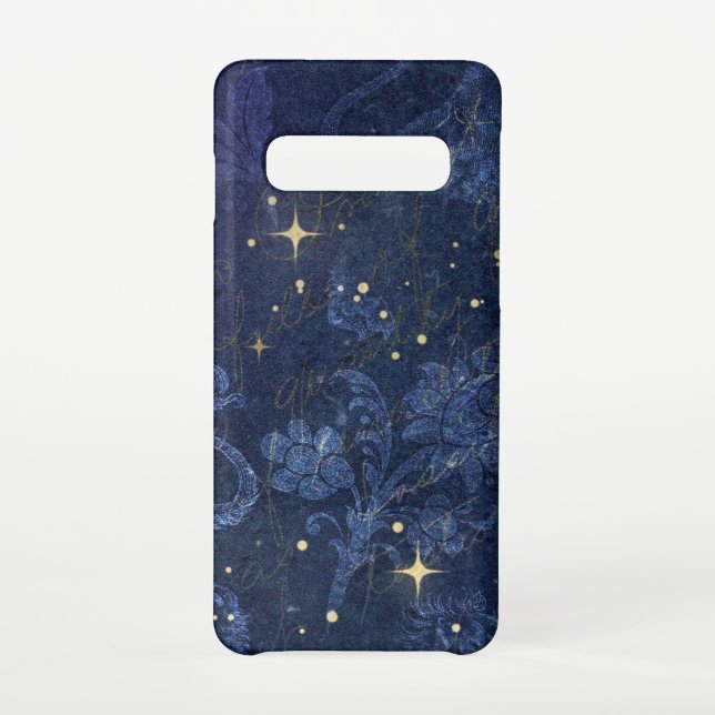 Celestial gold stars blue floral faded gold text  samsung galaxy case (Back)