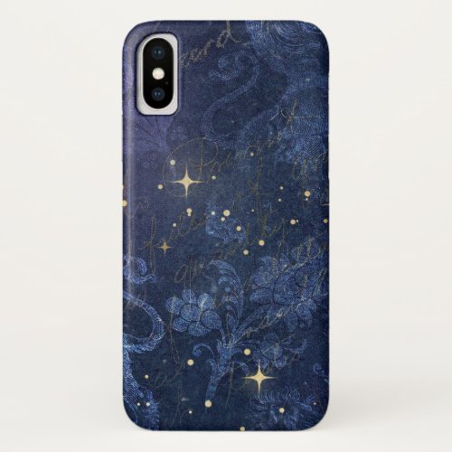 Celestial gold stars blue floral flocked fade text iPhone x case