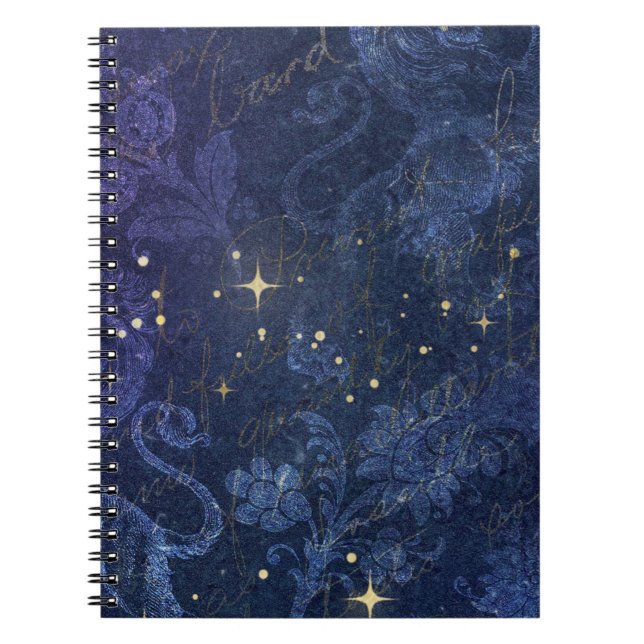 Celestial gold stars blue floral flocked fade text notebook (Front)