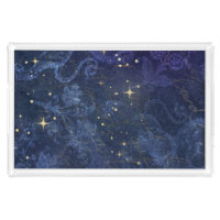 Celestial gold stars blue floral flocked faded 