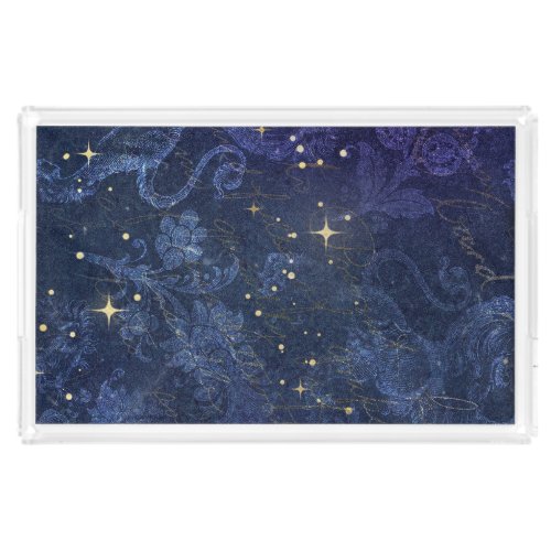 Celestial gold stars blue floral flocked faded  acrylic tray