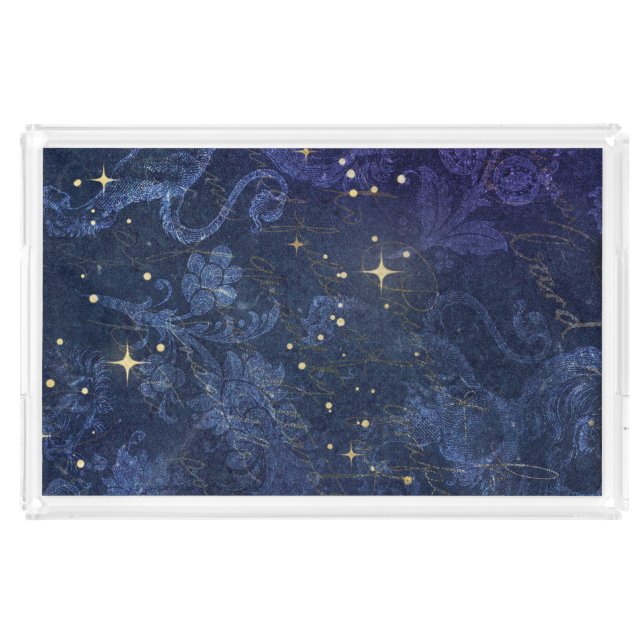Celestial gold stars blue floral flocked faded  acrylic tray (Front)