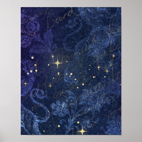 Celestial gold stars blue floral flocked faded poster