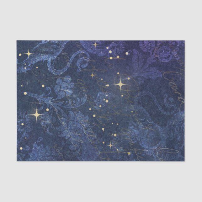 Celestial gold stars blue floral flocked faded  tissue paper (Front)