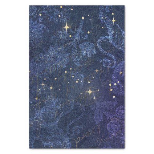 Celestial gold stars blue floral flocked faded  tissue paper