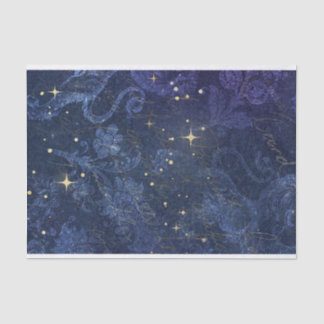 Celestial gold stars blue floral flocked faded tissue paper