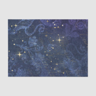 Celestial gold stars blue floral flocked faded  tissue paper