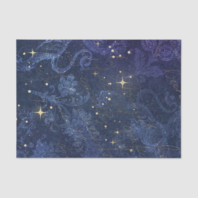 Celestial gold stars blue floral flocked faded  tissue paper (Front)