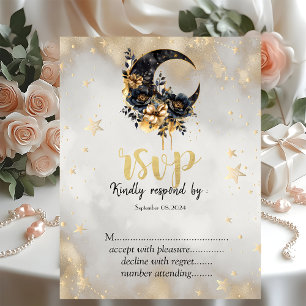 Celestial Gold Stars Floral Moon RSVP Invitation