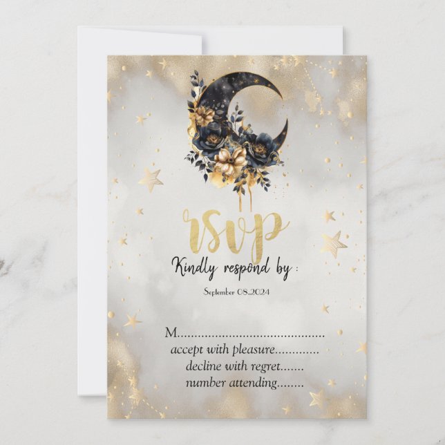 Celestial Gold Stars Floral Moon RSVP   Invitation (Front)