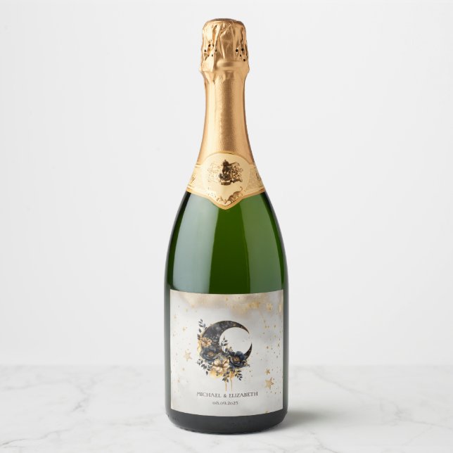 Celestial Gold Stars Floral Moon Sparkling Wine Label (Front)