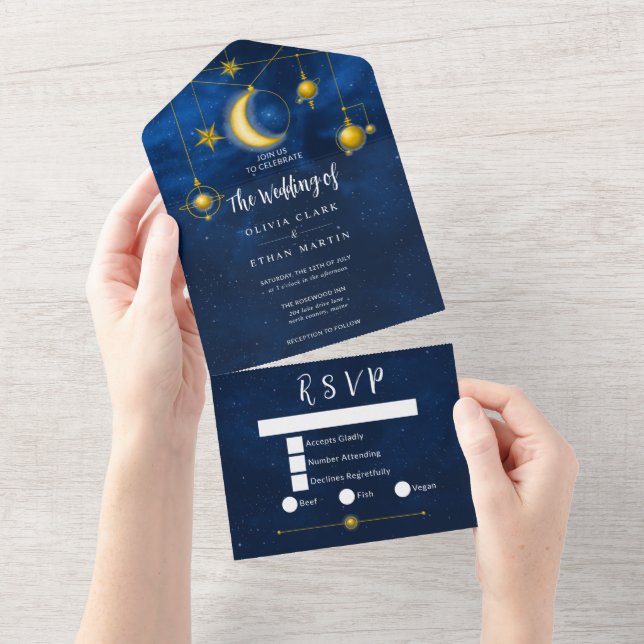Celestial Gold Stars Midnight Blue Romantic All In All In One Invitation (Tearaway)