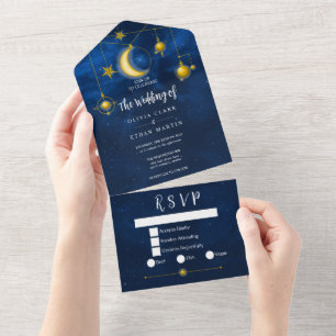 Celestial Gold Stars Midnight Blue Romantic All In All In One Invitation