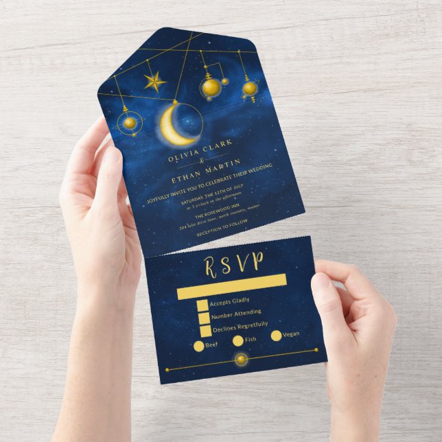 Celestial Gold Stars Midnight Blue Romantic All In One Invitation (Tearaway)
