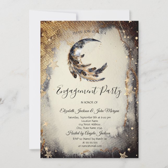 Celestial Gold Stars Moon Feather Dark Invitation (Front)