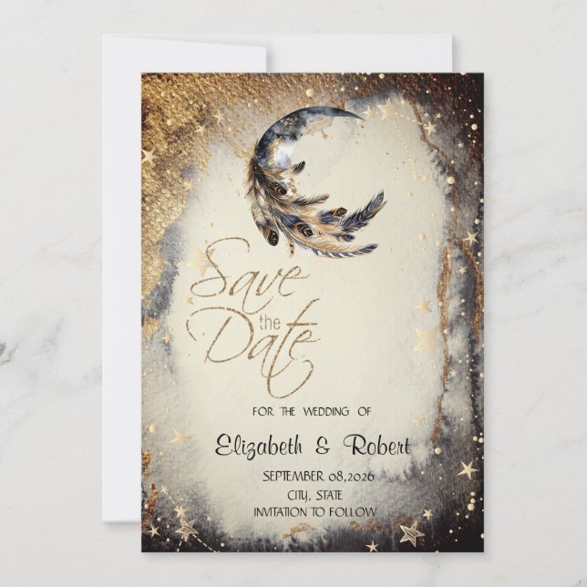 Celestial Gold Stars Moon Feather Save The Date (Front)