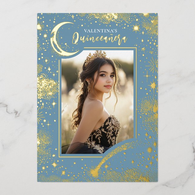 Celestial Gold Stars Moon Night Quinceanera Photo Foil Invitation (Front)