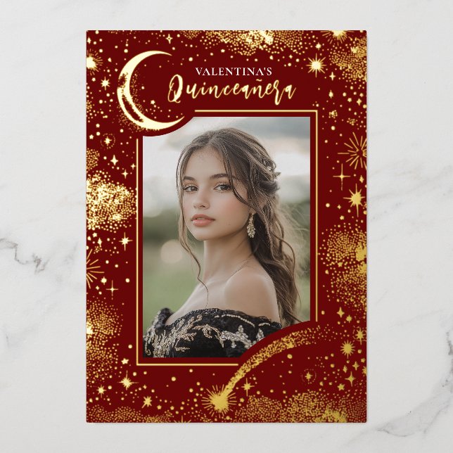 Celestial Gold Stars Moon Night Quinceanera Photo Foil Invitation (Front)
