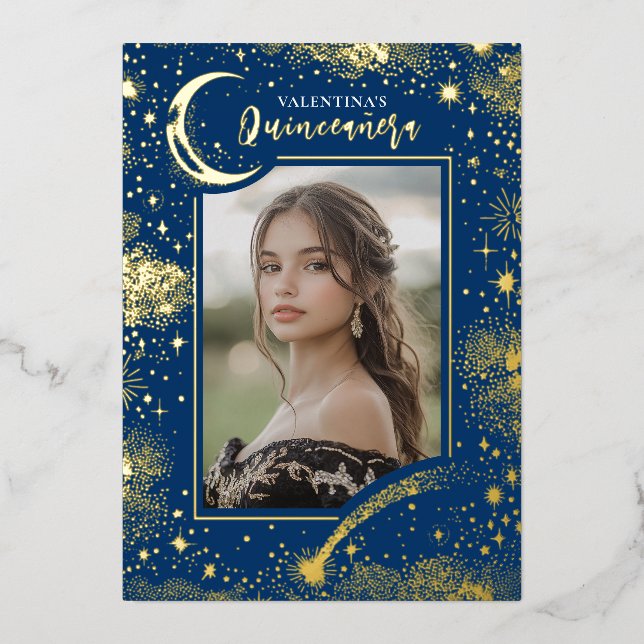 Celestial Gold Stars Moon Night Quinceanera Photo Foil Invitation (Front)