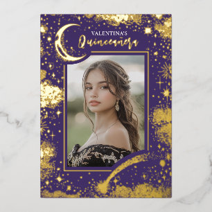 Celestial Gold Stars Moon Night Quinceanera Photo Foil Invitation