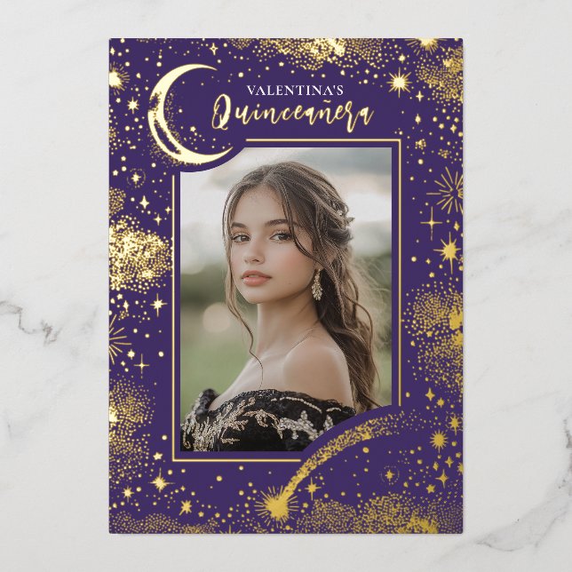 Celestial Gold Stars Moon Night Quinceanera Photo Foil Invitation (Front)
