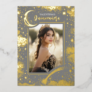 Celestial Gold Stars Moon Night Quinceanera Photo Foil Invitation