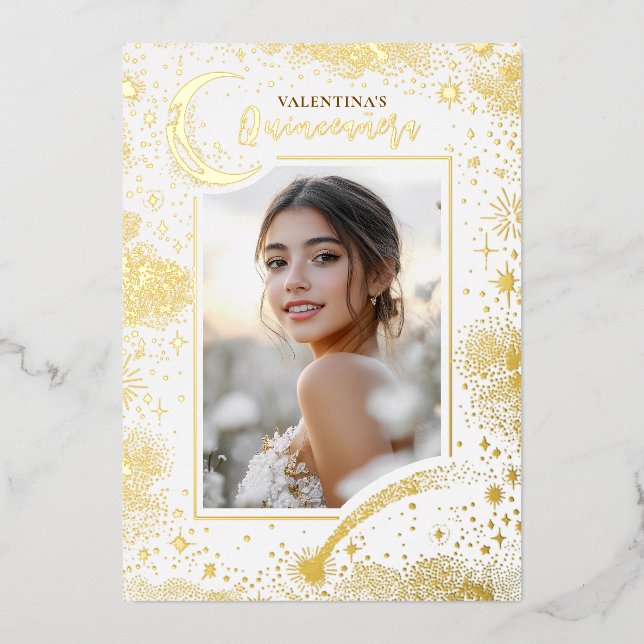 Celestial Gold Stars Moon Night Quinceanera Photo Foil Invitation (Front)
