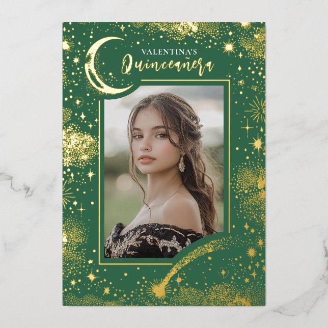 Celestial Gold Stars Moon Night Quinceanera Photo Foil Invitation (Front)