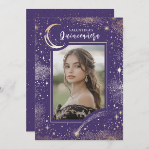 Celestial Gold Stars Moon Night Quinceanera Photo Invitation