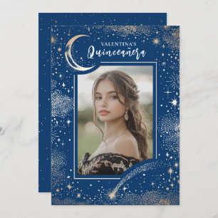 Celestial Gold Stars Moon Night Quinceanera Photo Invitation
