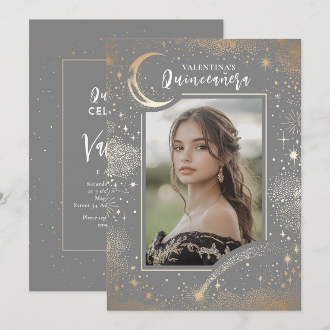 Celestial Gold Stars Moon Night Quinceanera Photo Invitation (Front/Back)