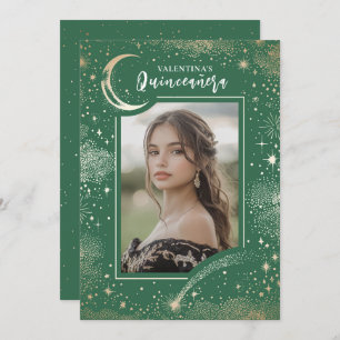 Celestial Gold Stars Moon Night Quinceanera Photo Invitation