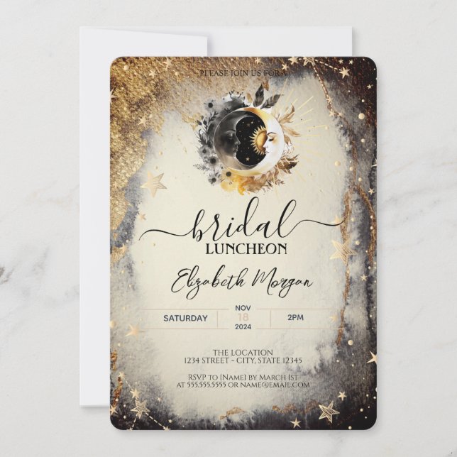 Celestial Gold Stars Moons Dark Bridal Luncheon Invitation (Front)