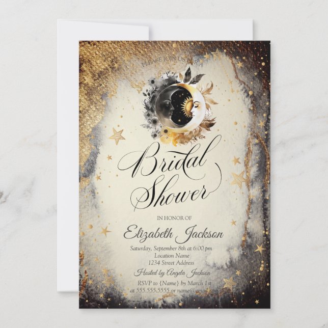 Celestial Gold Stars Moons Dark Bridal Shower  Invitation (Front)