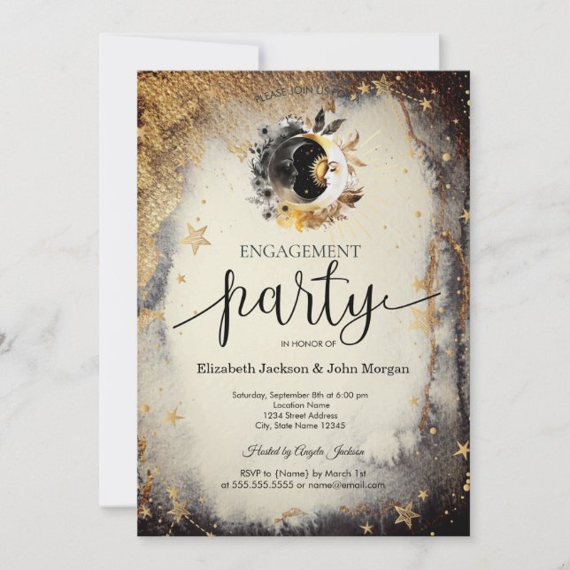 Celestial Gold Stars Moons Dark Engagement   Invitation (Front)