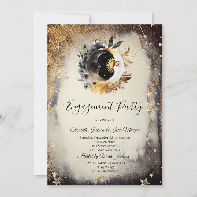 Celestial Gold Stars Moons Dark Invitation (Front)