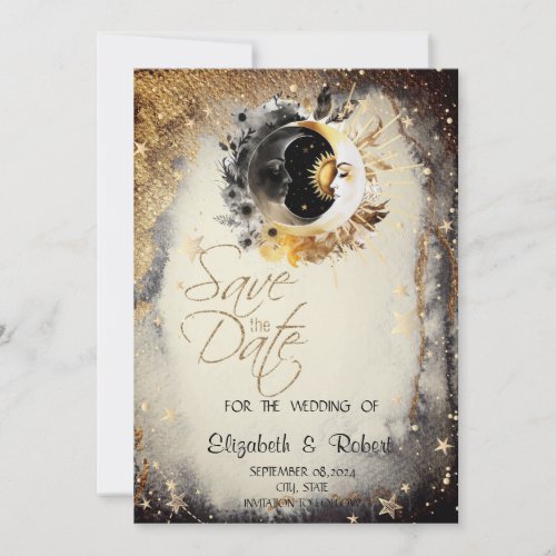 Celestial Gold Stars Moons Dark Save The Date