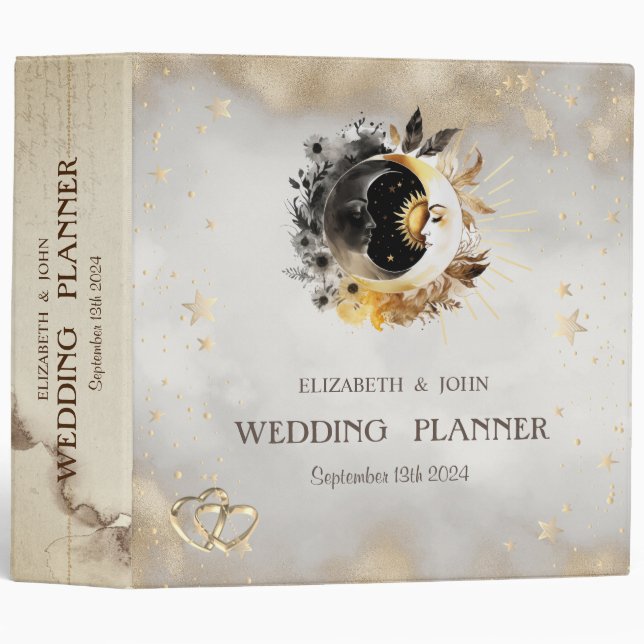 Celestial Gold Stars Moons Flowers 3 Ring Binder (Front/Spine)
